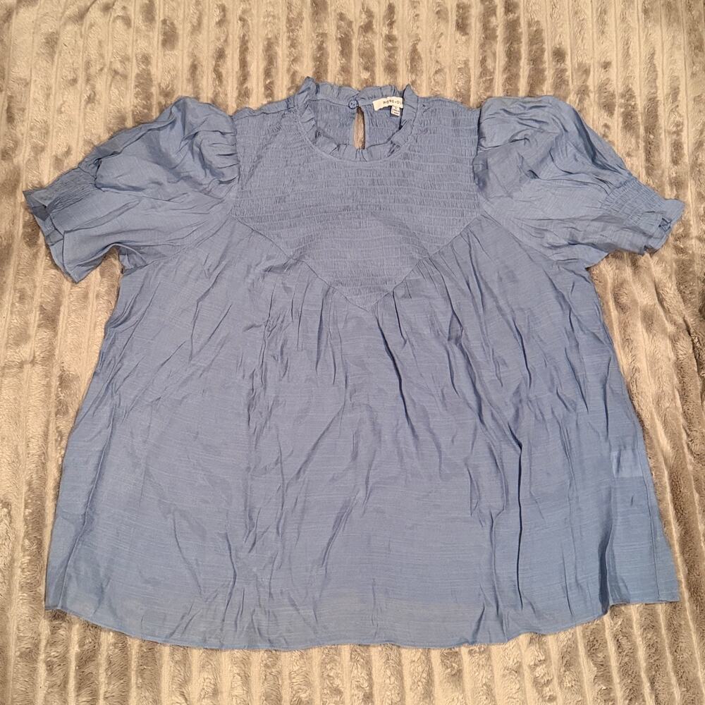 Rose + Olive Blue Smocked Puff Sleeve Blouse Women's Size L Ruffle Neck Top